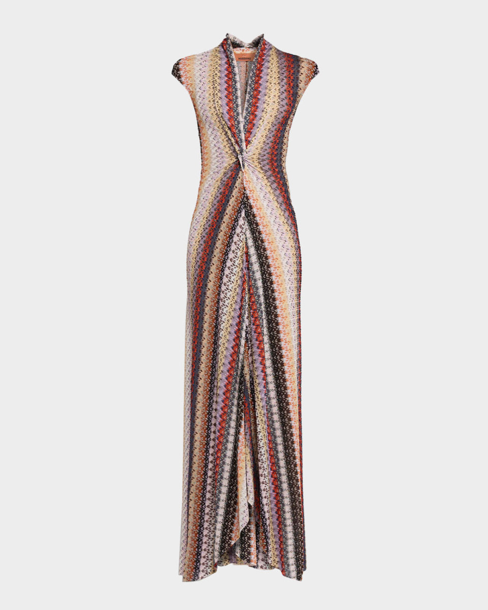 Metallic Striped Cap-Sleeve Twisted Maxi Dress